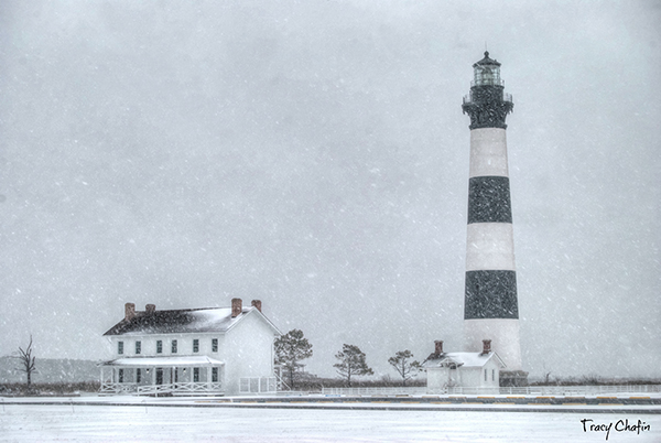 Bodie Island Lighthouse in snow