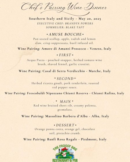 The Froggy Dog Restaurant & Pub, Monthly Wine Dinner - Southern Italy & Sicily