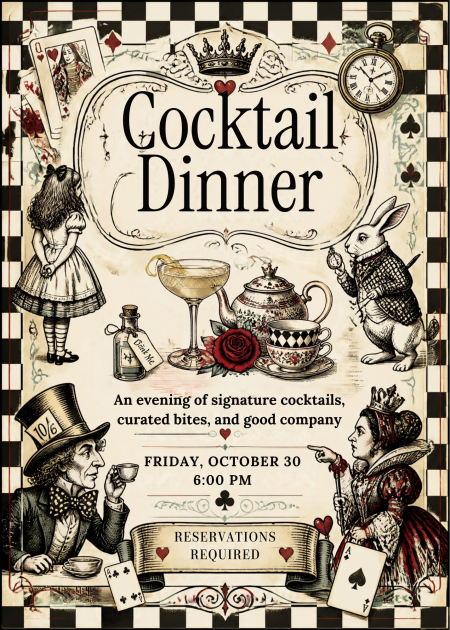 Cafe Pamlico, Alice in Wonderland Cocktail Dinner