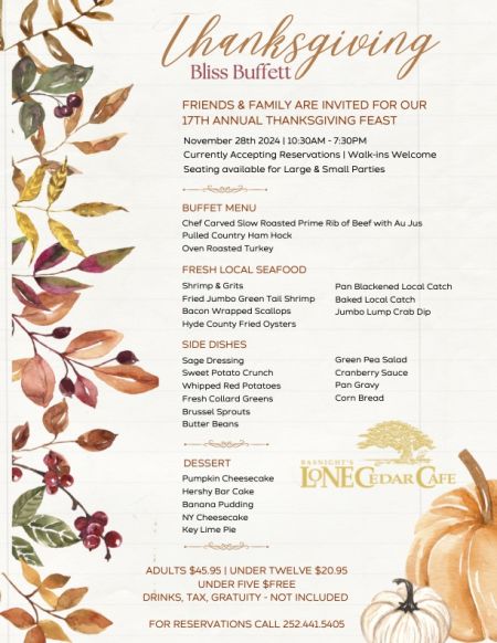 Basnight’s Lone Cedar Outer Banks Seafood Restaurant, 17th Annual Thanksgiving Day Feast