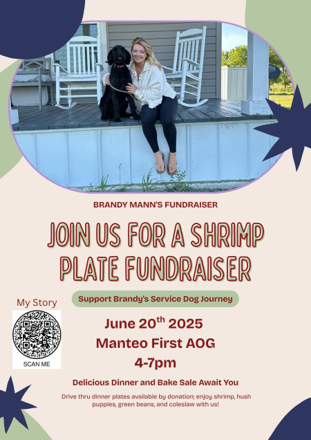 Manteo First Assembly, Shrimp Plate Fundraiser for Brandy Mann