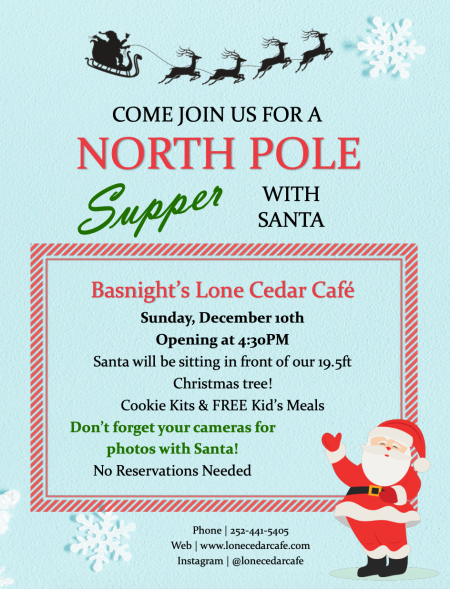 Basnight’s Lone Cedar Outer Banks Seafood Restaurant, North Pole Supper with Santa