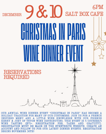 Misfit Bars of Christmas Crawl, Christmas in Paris Wine Dinner at Salt Box Cafe