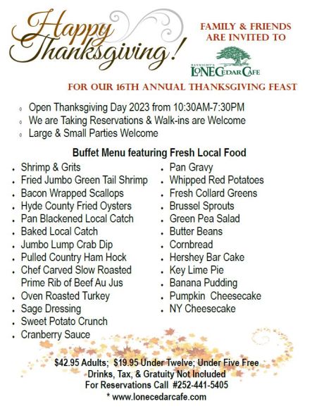 Basnight’s Lone Cedar Outer Banks Seafood Restaurant, 16th Annual Thanksgiving Day Feast