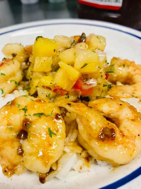 Sonny's Restaurant on the Hatteras Waterfront Outer Banks, Korean BBQ shrimp