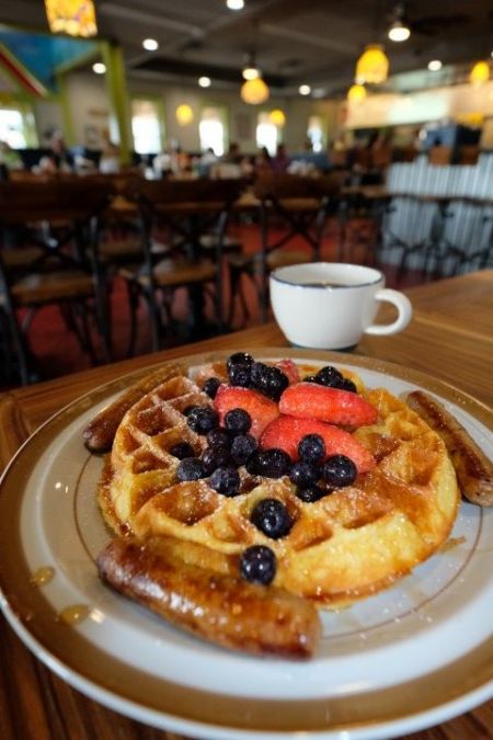 Stack 'em High, Waffles with Strawberries and Blueberries