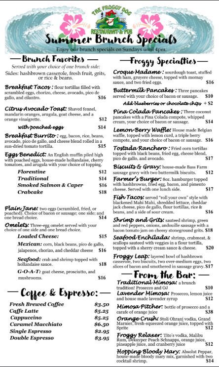 The Froggy Dog Restaurant & Pub, Summer Brunch Specials