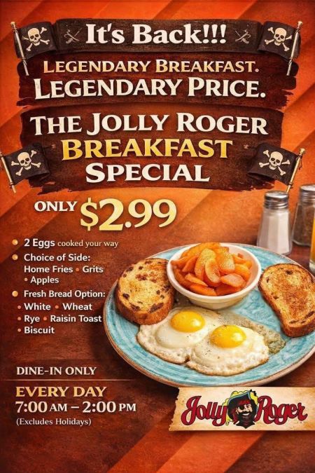 Jolly Roger Restaurant, Legendary $2.99 Breakfast Special