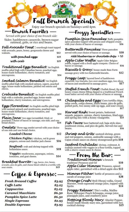 The Froggy Dog Restaurant & Pub, Fall Brunch Specials